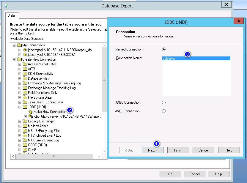 Figure 12 Launching the Database Expert dialog box 3. In the Database Expert dialog box, select Create New Connection > JNBC (JNDI). 4. Double-click Make New Connection.