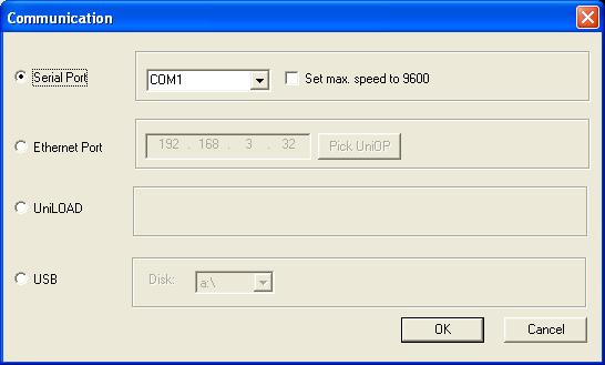 2.1.1 Communication Tech-note The menu item Communication allows the definition of the communication port of the computer used to connect to the panel. The dialog box is shown in Figure 3 below.