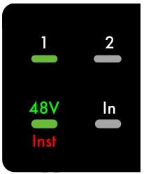 Condenser Mics 1. Touch 48V/Inst once, to set +48V as the Input Mode. The LED indicator will display green. 2. Touch 1, 2 or both to assign the +48V Input Mode to an input.