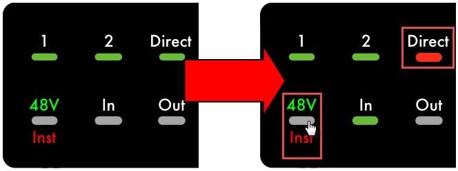 With Direct selected on the Touch Panel Display, Direct Monitoring can be toggled to Stereo Mode by touching the 48V/Inst button.