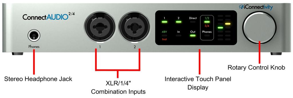 Hardware Connections Front Panel 1. Stereo headphone jack 2. Combination XLR and 1/4" analog inputs.