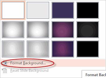Customizing Presentations 2007/2010, these options are in the Background group, in the Background Styles option). 2. In the Format Background pane (dialog box in PowerPoint 2007/2010), you can choose fill options, including a color, pattern, or picture.