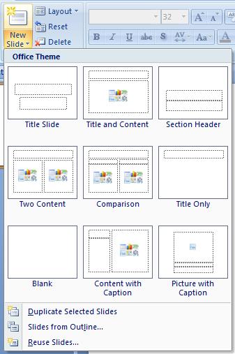 Use this to add a new slide (Figure 7) with a Title and Content Layout (if you added the slide with a right-click in the Slide tab you can change the formatting of the slide as discussed earlier in