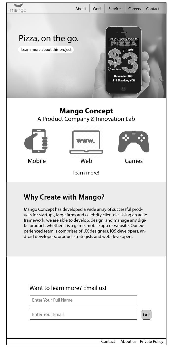 Notes SCREEN: Homepage 1 This page will give a quick overview of who Mango Concept is as a company and what they do. Also, it will feature their most current project.