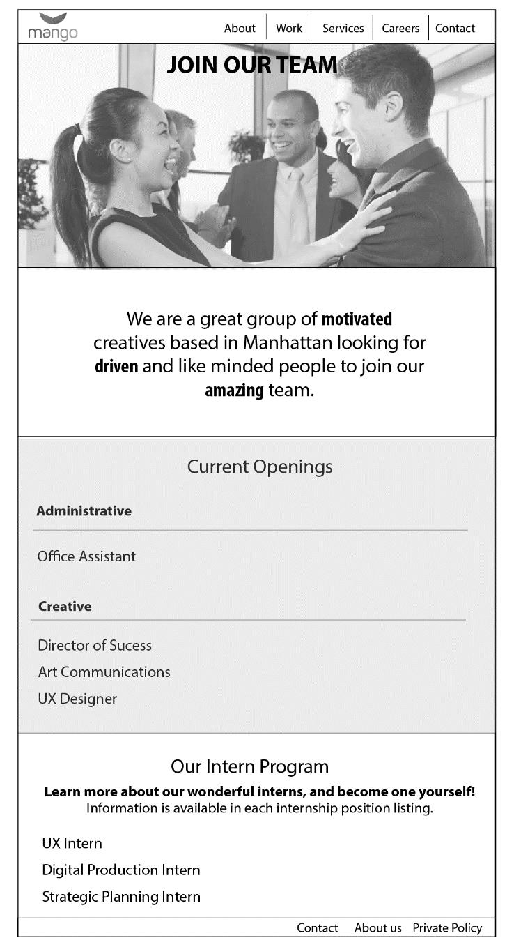 Notes SCREEN: Careers Page This page will list all the current opening at Mango as well as internship opportunities.
