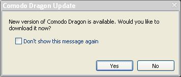 On the first startup of the application, the following update dialog will be displayed, if there is a latest version of Comodo Dragon is available.