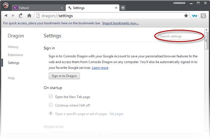 To access the settings search box Click the Comodo Dragon icon located at the top-left corner.