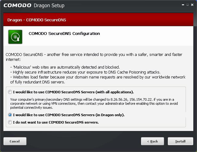 Leave the checkbox 'Make Comodo Dragon my default browser' selected to make Comodo Dragon your default browser. Deselect to keep your current default browser. Click 'Next' to continue.