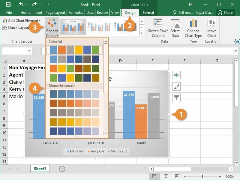 Chart Colors Once you have the layout and style set, you can adjust the color scheme. Select the chart you want to format. Click the Design tab. Click the Change Colors button.
