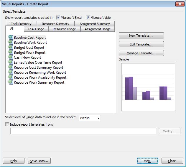 Click on the Project tab and select the Visual Reports command. This will display the Visual Reports dialog box.