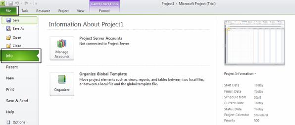 Page 17 - Project 2010 Foundation Level Setting up a Project File Properties Open Microsoft Project 2010