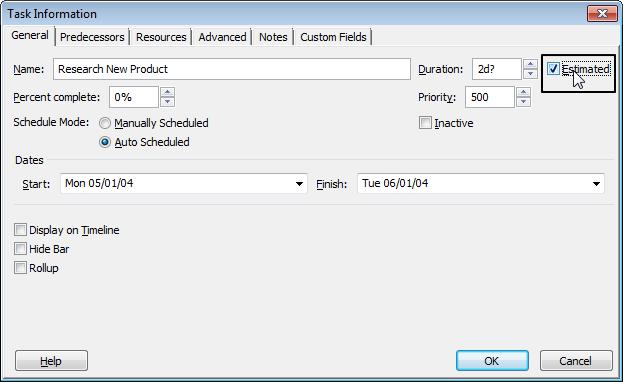 To specify that the changed duration is still an estimate, double click on the Research New Product task in the list. Recheck the Estimated box in the Task Information dialog box.