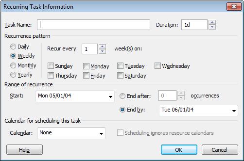 The Recurring Task Information dialog box is displayed.