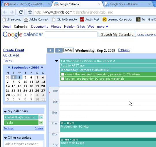 Setting up your Calendar View The Google Calendar allows you to easily organize your appointments and meetings. You can create multiple calendars and share calendars with other people.