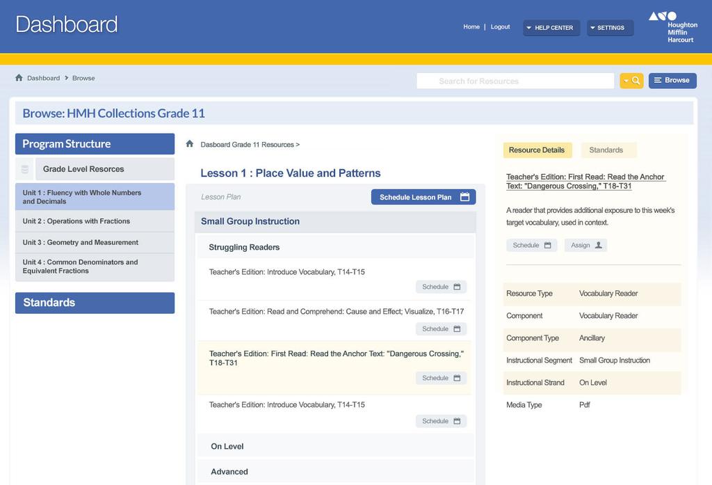 Dashboard Browse Resources To view resources, click one of the levels in the Program Structure list, for example, Unit 1.