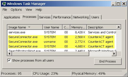 When SecureConnector is installed as a service, several processes run and can be seen from the endpoint Task Manager. In the example shown above there are three SecureConnector.