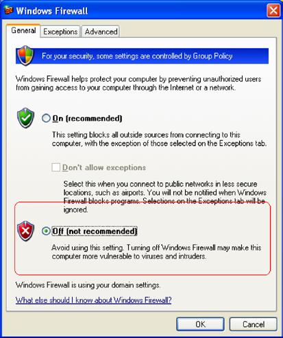 Disabling Windows Firewall For testing purposes Windows Firewall can be disabled.