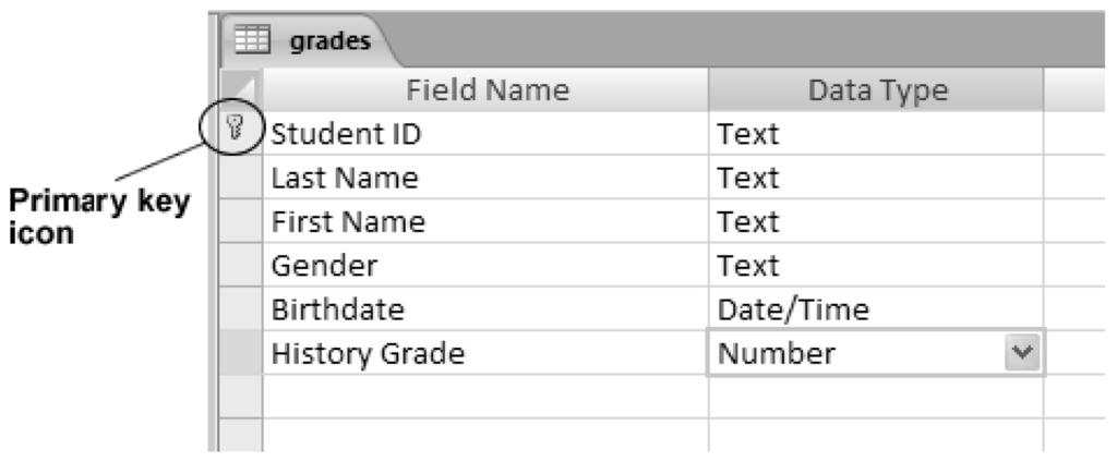Lab 9: Database Concepts Using Microsoft Access 219 Figure 9.13 Access grades table showing primary key icon. We do not need to set a field size for a numeric field.