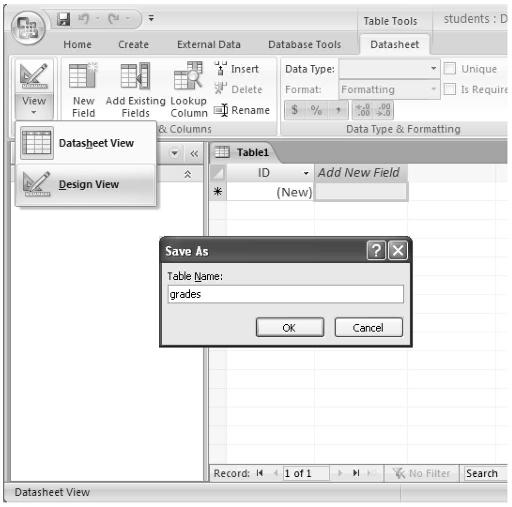 Lab 9: Database Concepts Using Microsoft Access 213 Figure 9.5 Access View, Design View, and Save As dialog box. There are several options available for creating a table.