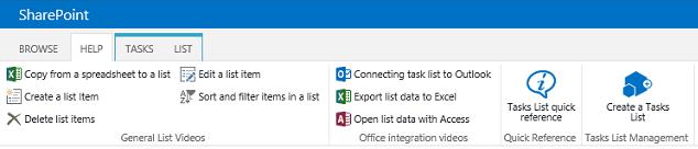 Tasks List General List Videos Copy from a spreadsheet to a list Video Create a list item Video Delete list items Video Edit a list item Video Sort and filter items in a list Video Office Integration