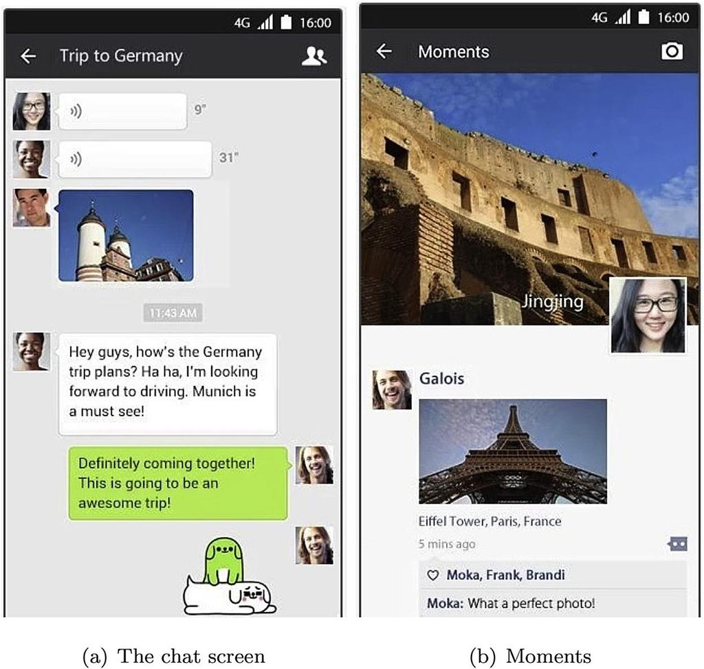 The following pictures (Fig. 12) show the two basic features of WeChat. Fig. 1(a) is the chat screen and Fig.
