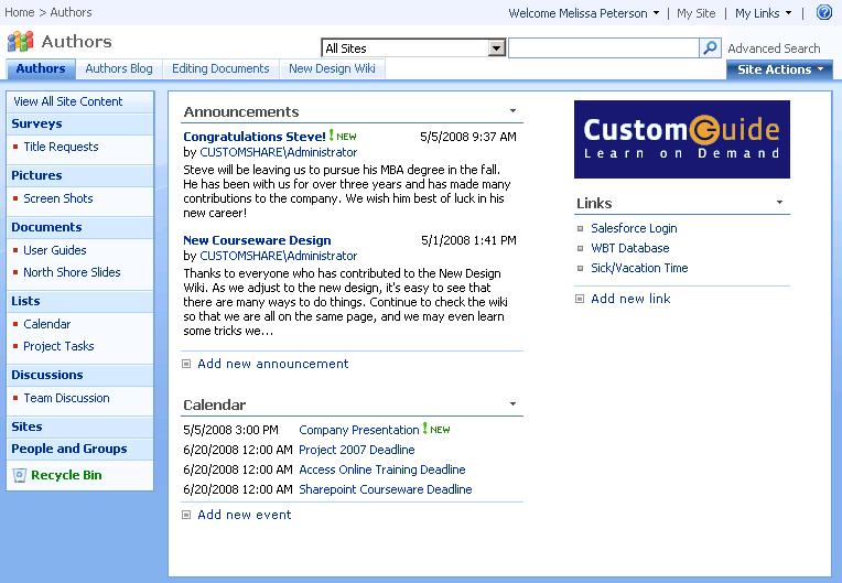 The Fundamentals Understanding the SharePoint Window The SharePoint 2007 program screen may seem confusing and overwhelming at first.