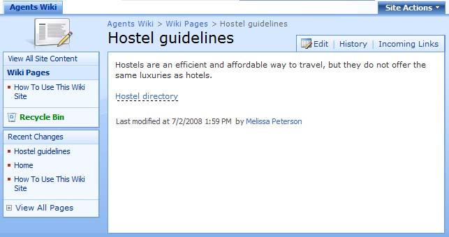 Add a link on the Hostel guidelines page to a page called Hostel directory. 1. Navigate to the site where the wiki is located and click the wiki tab on the Link Bar.