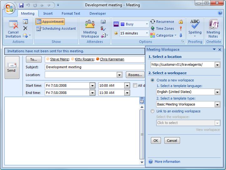 Using SharePoint with Office Creating a Meeting Workspace from Outlook Creating a meeting workspace with a meeting request in Outlook is a great way to plan a meeting.