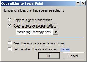 Using SharePoint with Office Copy slides to another presentation You can add the slides saved on a slide library from a presentation to another presentation. 1.