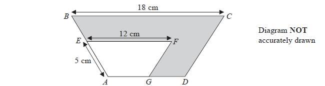 Q24. ABCD and AEFG are mathematically similar trapeziums. AE = 5 cm EF = 12 cm BC = 18 cm (a) Work out the length of AB.