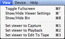 NOTE: File Menu New Bin: Open Bin: Import Files to Bin: Save Bin and Save Bin As: AJA Control Panel: Device Help Menu contents vary between the Windows and Mac menus.
