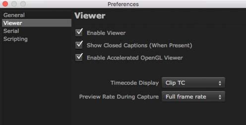 Figure 8. AJA Control Room Preferences Viewer NOTE: Serial Prefs You can also access Viewer options by Control- or Right-clicking in the Viewer Screen.
