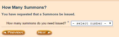 If you chose SUMMONS, select the number of summonses you need to have generated and issued.
