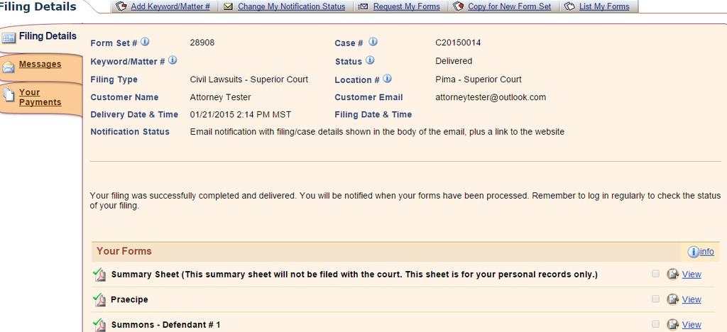 POST-SUBMISSION Once you have clicked EFILE and paid for your submission, you will be taken a screen similar to this