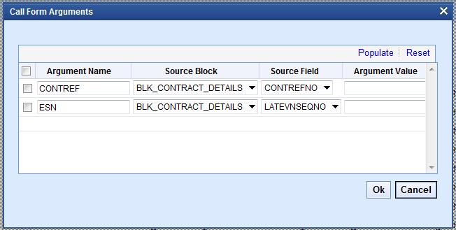 Fig 12.3 Passing Screen Arguments to Call Form Screen The window allows user to enter Screen Argument Name, and select Source block and field from which the value has to be taken.
