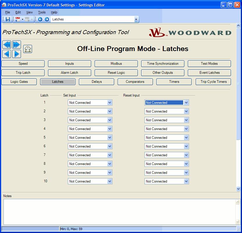 ProTech-SX Simplex System When Latches is selected in the settings editor or config menu, the following screen is displayed: Manual 26546V2 Figure 10-42. Programming Latches Latch settings Set Input.