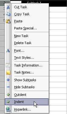 Click on the Indent icon on the Formatting toolbar to indent the new task to make it subordinate OR right-click on the new task s ID