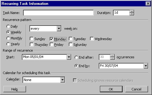 To create a Recurring Task From the main menu, choose Insert > Recurring Task. The Recurring Task Information dialog box opens: Enter a name in the Task Name box.