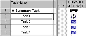 PAGE 44 - PROJECT 2003 - FOUNDATION LEVEL MANUAL Click on the down arrow at the right side of the Task Name column to select the name of the task you would like to set as the predecessor: Choose the
