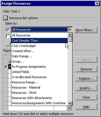 In the Assign Resources dialog box, expand the Resource list options section by clicking on the plus sign button: This allows you to