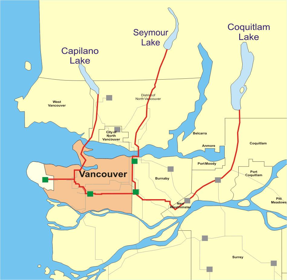 Metro Vancouver Reservoir Network Vancouver is fed water at 1st Narrows, 2nd Narrows and from Coquitlam via 45th Ave If north crossings are