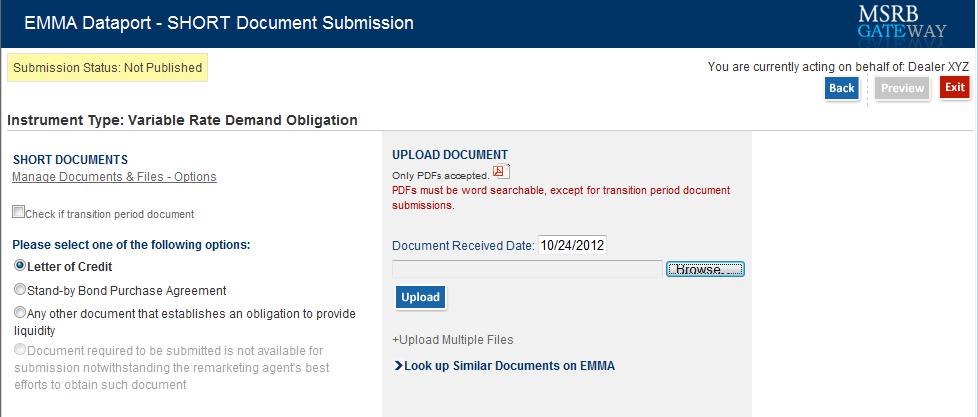 To upload a VRDO document, select one of the radio buttons that applies to the type of document being uploaded.
