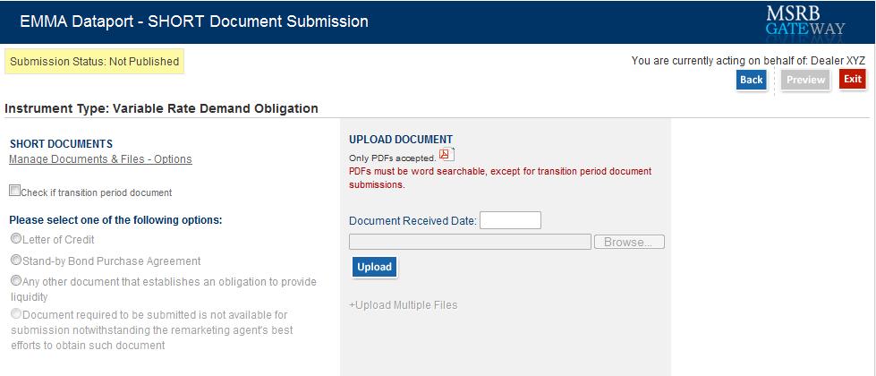 To indicate that you are submitting a document that was effective prior to May 16, 2011, check the box for transition period documents.