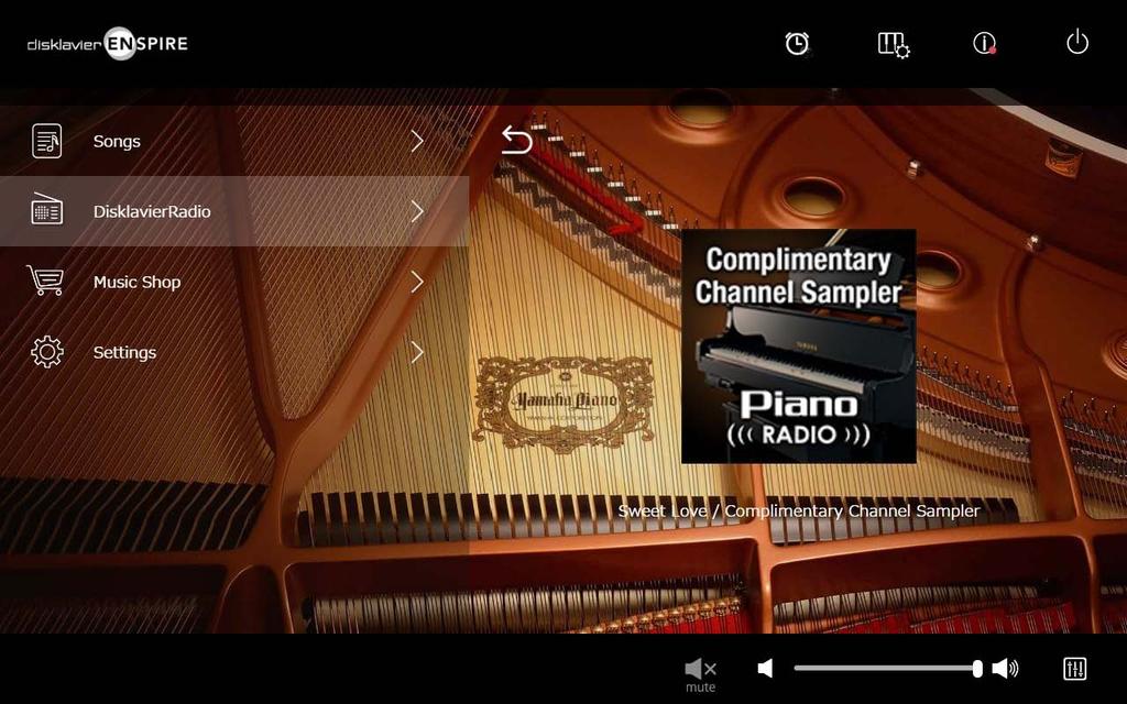 DisklavierRadio Playback Screen Selecting the channel calls up the DisklavierRadio Playback screen.