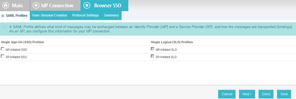 9. On the SAML Profiles tab, select SP-Initiated