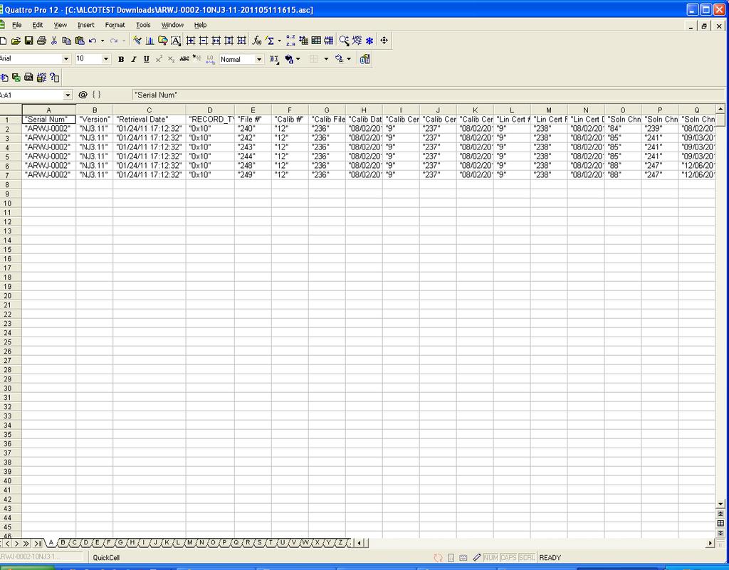 Downloaded File Opened in a QuattroPro spreadsheet - Displaying the FTP d file in compatible Spreadsheet software, such as QuattroPro, maintains the proper row and column spacing under each column