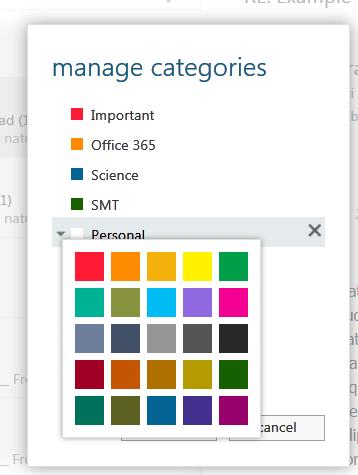 7 Using categories to organise items You can use and manage categories to help you sort and organise your Office 365 Outlook Web App information.