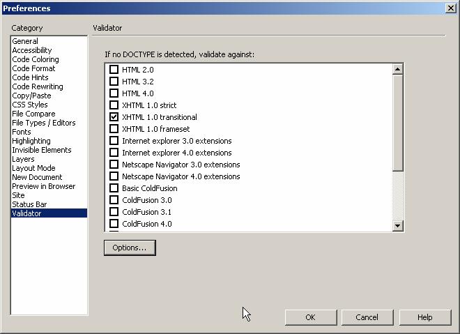 DreamWeaver 8 Basic Configuration Validator Category - XHTML 1.