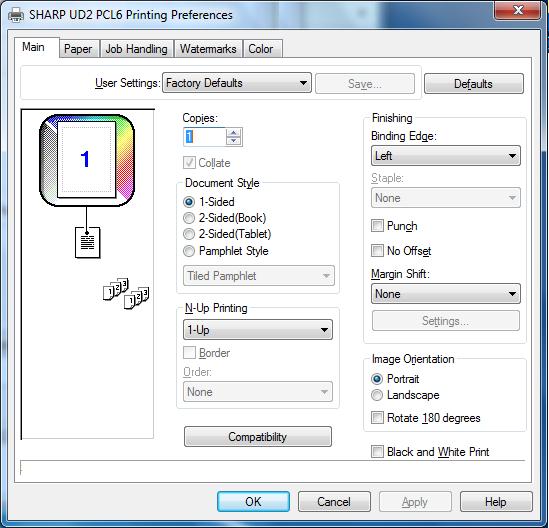When over 30 printers are registered, operation is not guaranteed. REMARK: Before a default printer is set, the [Printing Preferences] of the SHARP UD2 displays a screen as shown in Fig.