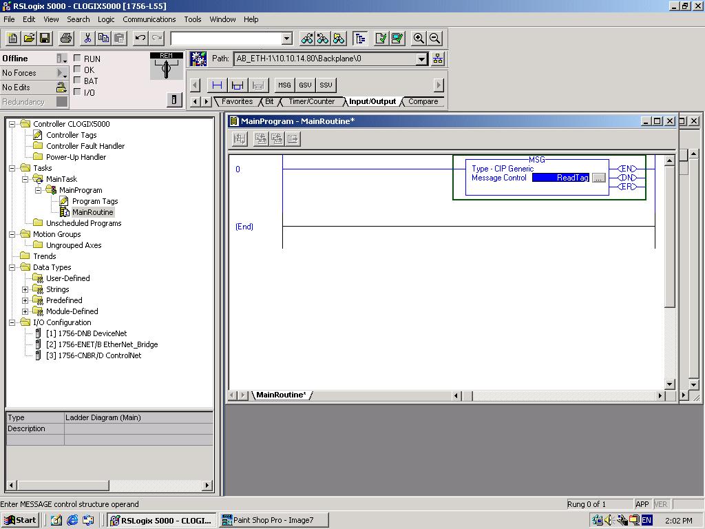 Under the MainRoutine in the MainProgram add a MSG instruction and select ReadTag as the Message Control.